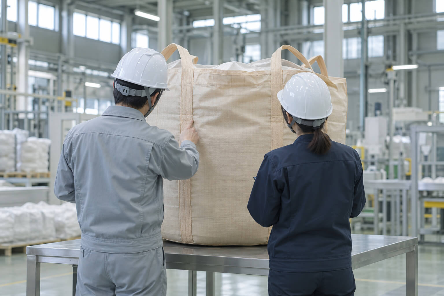 工場で製品を確認する2人の後ろ姿